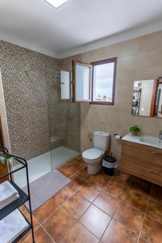 a bathroom with a toilet and a shower and a sink at CASA TERE Y MARCIAL in Tinajo