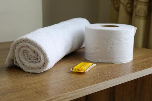 a roll of toilet paper and a toy car on a counter at Hotel Casa Botero 301 in Bogotá