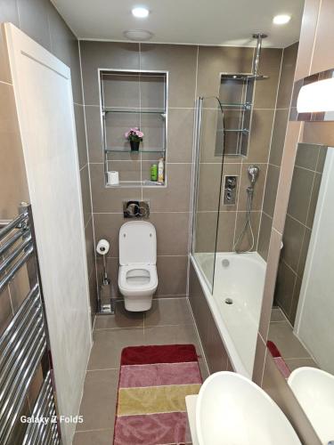 a small bathroom with a toilet and a shower at LONDON SLEEPHOUSE in London
