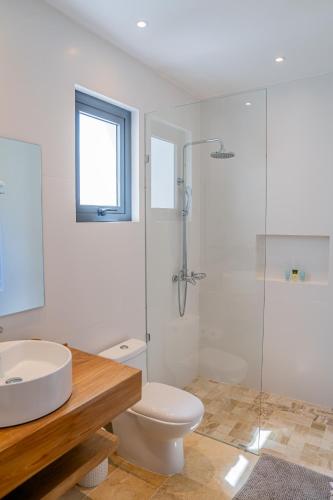 a bathroom with a toilet and a sink and a shower at Xeliter Green One Playa Dorada in San Felipe de Puerto Plata