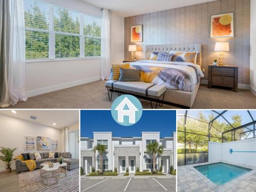 un collage de photos d'une chambre et d'une villa dans l'établissement Hidden Forest 3 Bedroom Vacation Townhome with pool -2020, à Clermont