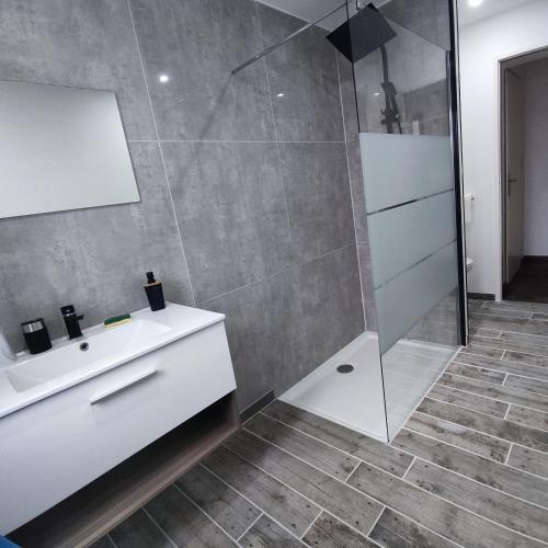 a bathroom with a white sink and a shower at GM GÎTE maison neuve et tout confort in Lucey