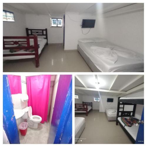 três fotografias de um quarto com duas camas e uma casa de banho em HOTEL VISTA AL MAR habitacion para 5 em Rodadero