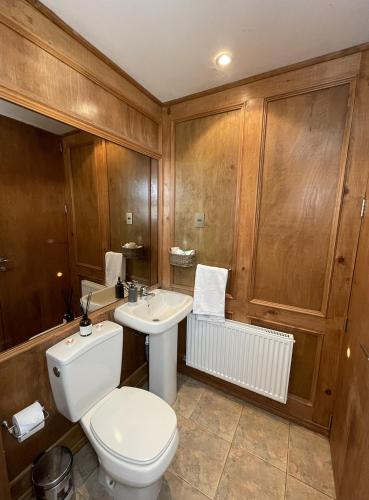 a bathroom with a toilet and a sink at Lodge Parque Tepuhueico in Castro