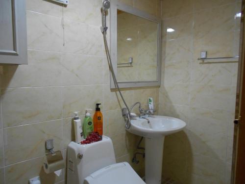 a bathroom with a toilet and a sink at Happiness Full Hanok Guesthouse in Jeonju