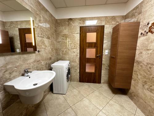 a bathroom with a sink and a toilet and a mirror at Apartment Karla Capka Street in Karlovy Vary