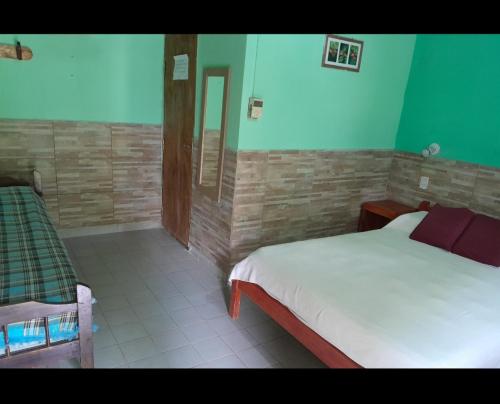 コロニア・カルロス・ペジェグリニにあるHospedaje Iberaの緑の壁のベッドルーム1室(白いベッド1台付)