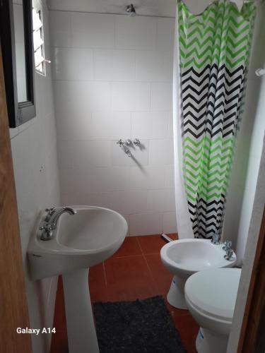 La salle de bains est pourvue d'un lavabo, de toilettes et d'un rideau de douche. dans l'établissement Hospedaje Ibera, à Colonia Carlos Pellegrini