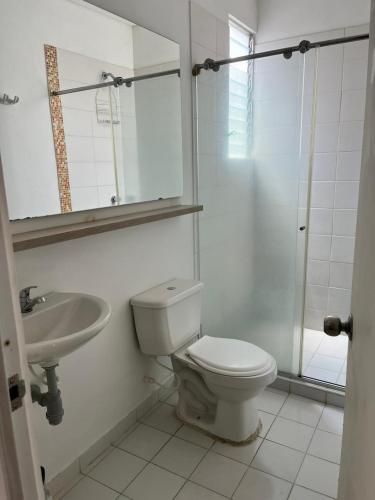 uma casa de banho com um WC, um lavatório e um chuveiro em Lindo Apto con Aire Acond de 3 habitaciones em Valledupar