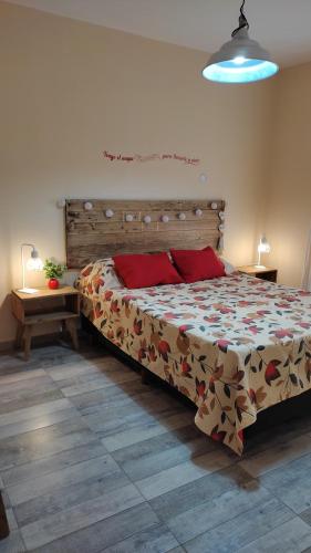 1 dormitorio con 1 cama grande con almohadas rojas en Llevarte a vivir en San Rafael