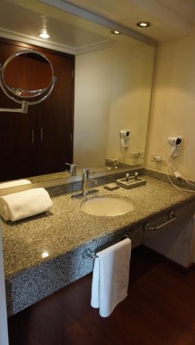 a bathroom counter with a sink and a mirror at HOTEL ILAR ESPERANZA CERCA DE EMBAJADA EEUU Y CORFERIAS in Bogotá