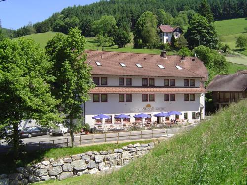 um edifício com guarda-chuvas roxos em frente a uma estrada em Hotel Sonne em Wolfach