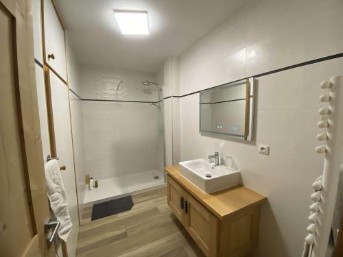 a bathroom with a sink and a shower at Chalet spacieux 3 étages, cheminée, garage, pour 6 pers, Arêches-Beaufort - FR-1-342-316 in Beaufort