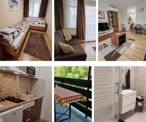 a collage of four pictures of a kitchen and a living room at Tó Apartman Gunarasfürdő in Dombóvár