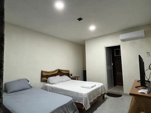 een slaapkamer met 2 bedden en een televisie. bij Posada Ceibamar Chichen Itzá in Pisté