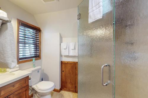 a bathroom with a toilet and a glass shower at Sparrow Cabin in Shaver Lake