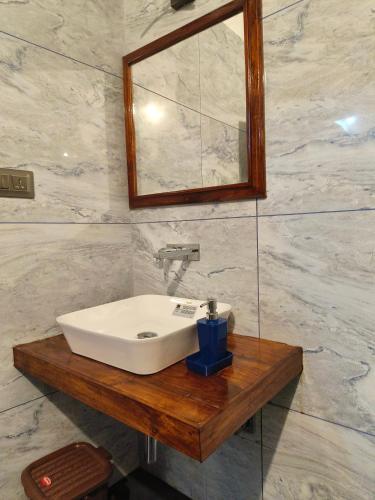 a bathroom with a white sink and a mirror at Ananda Holiday Home in Ambalavayal