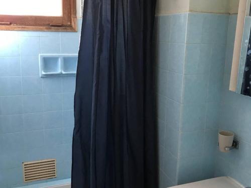 cortina de ducha azul en el baño con aseo en Appartement Bormes-les-Mimosas, 4 pièces, 6 personnes - FR-1-251-751, en Bormes-les-Mimosas