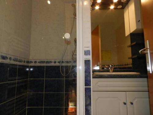 ein Bad mit einer Dusche, einem Waschbecken und einem Spiegel in der Unterkunft Appartement Bormes-les-Mimosas, 2 pièces, 4 personnes - FR-1-251-785 in Bormes-les-Mimosas
