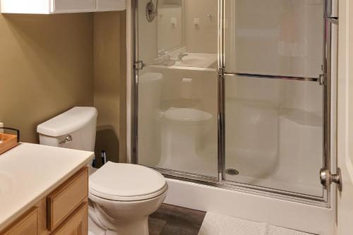 een badkamer met een toilet en een douche bij Lake of the Ozarks Golf Condo in Lake Ozark
