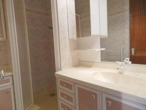 une salle de bain avec un lavabo et une douche dans l'établissement Appartement T2 avec Terrasse Sud, Garage, Centre-ville du Lavandou, Proche Plage - FR-1-251-789, au Lavandou