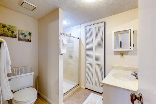a bathroom with a toilet and a shower and a sink at Nature Retreat in Seabrook Island