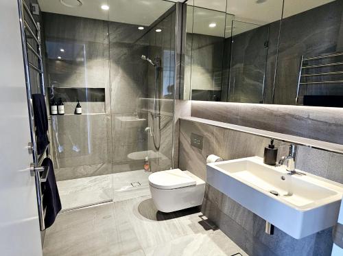 a bathroom with a toilet and a sink and a shower at Wynyard Quarter One Bedroom Apartment in Auckland