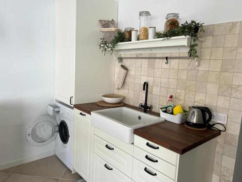 eine Küche mit einer Spüle und einer Waschmaschine in der Unterkunft Casa Verde in Cales de Mallorca