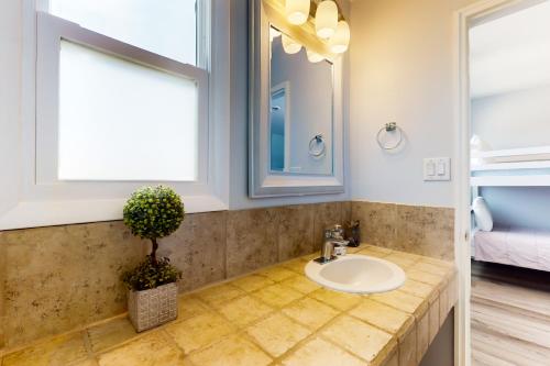 a bathroom with a sink and a potted plant at Oceanfront Oasis in Emerald Isle