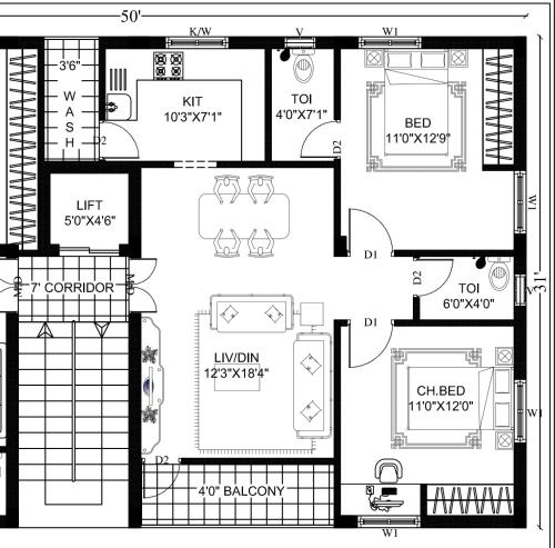 Plantegning af 2 BHK Gachibowli AIG #202