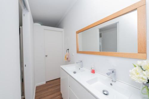 ein Bad mit einem Waschbecken und einem Spiegel in der Unterkunft Classic decor, freshly painted 3 by 2 quiet home in Corio