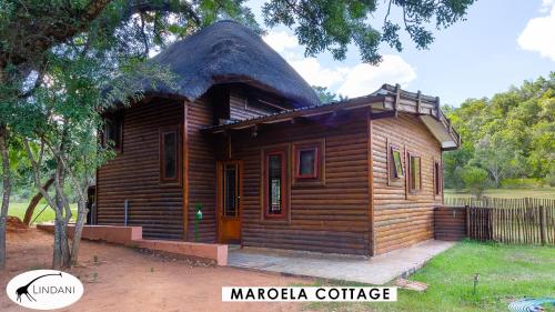 a small wooden cabin with a thatched roof at Lindani Game and Lodges in Vaalwater
