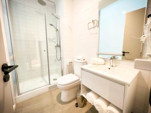 a bathroom with a toilet and a shower and a sink at LOFT ubicado en el corazón de Santiago, Lastarria in Santiago