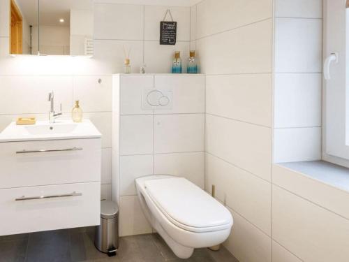 bagno bianco con servizi igienici e lavandino di Exclusive tiny house a Buxtehude