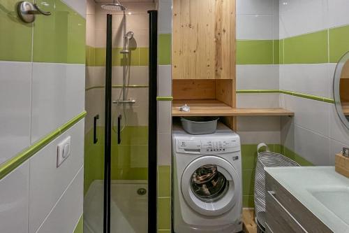 une petite salle de bains avec un lave-linge. dans l'établissement CIEL MONTAGNARD - Apartment with mountain views, à Annecy