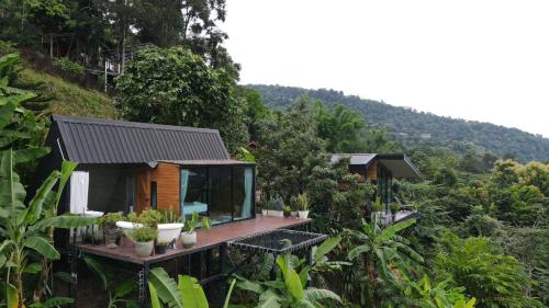 a house with a deck in the forest at Camp Mai Mee Chue in Pong Yaeng