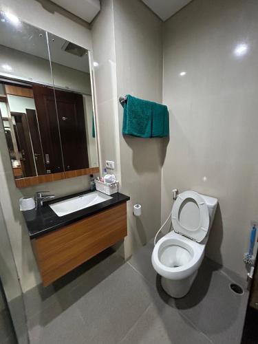 un bagno con un water, un lavandino e uno specchio di ANNIE KUCA a Giacarta