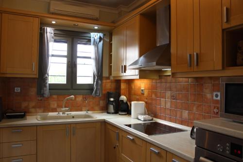 a kitchen with wooden cabinets and a sink and a window at Elatos Sea House in Kato Gatzea