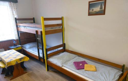 a room with two bunk beds and a table at U Dvou rysů in Zdíkov