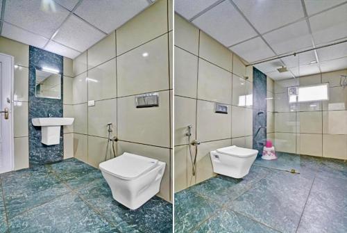2 fotos de un baño con aseo y lavabo en Elenji Vitara Resort Munnar en Munnar