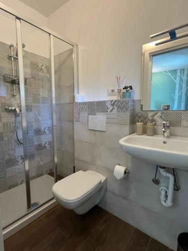 La salle de bains est pourvue de toilettes, d'un lavabo et d'une douche. dans l'établissement Sotto al Bosco B&B e Azienda Agricola, à Dubino