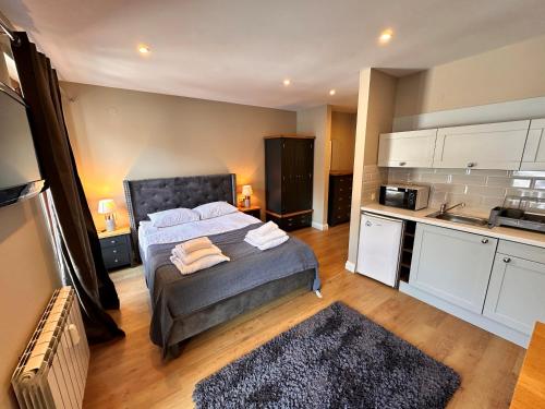 a bedroom with a large bed and a kitchen at Predela 2 Aparthotel in Bansko