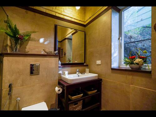 uma casa de banho com um lavatório, um espelho e uma janela em SaffronStays Ekam Walnut Suite, Chail em Kandāghāt