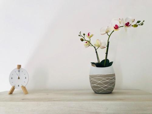 a vase with flowers in it next to a clock at La Maison de Famille in Olbia