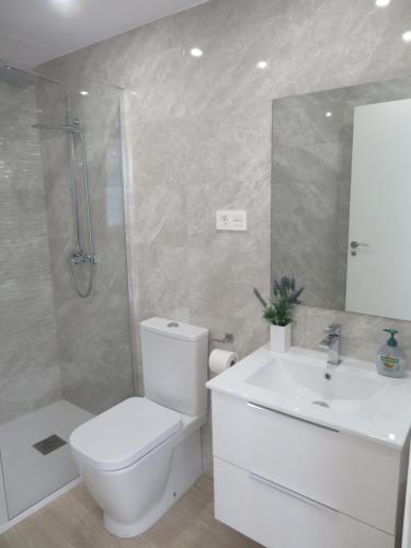 een badkamer met een toilet, een wastafel en een douche bij Apartamento Centinela Do Mar in O Pindo