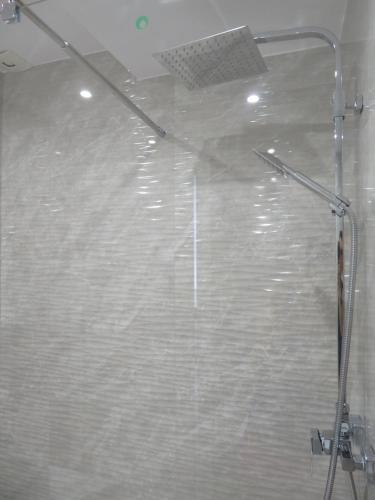 a shower in a bathroom with a glass door at Apartamento Centinela Do Mar in O Pindo
