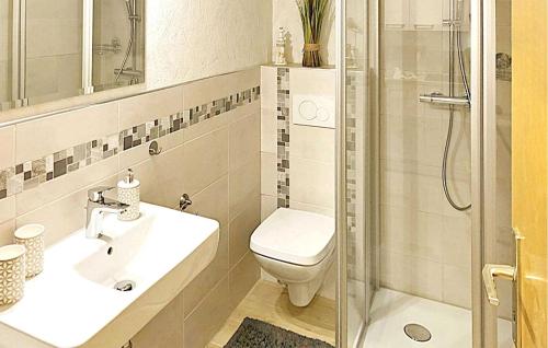 y baño con aseo, lavabo y ducha. en Beautiful Apartment In Petersdorf With Kitchen, en Petersdorf