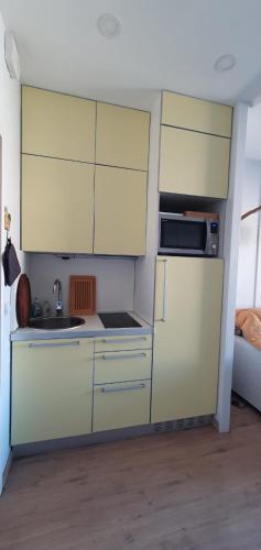 une cuisine avec des armoires blanches, un évier et un réfrigérateur dans l'établissement Studio-cabine 4p Marina Baie des Anges, à Villeneuve-Loubet