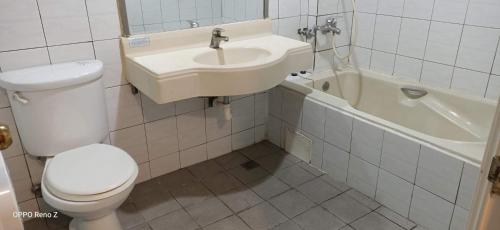 a bathroom with a toilet and a sink and a tub at 夏威夷酒店Melody Hawaii Hotel in Taitung City