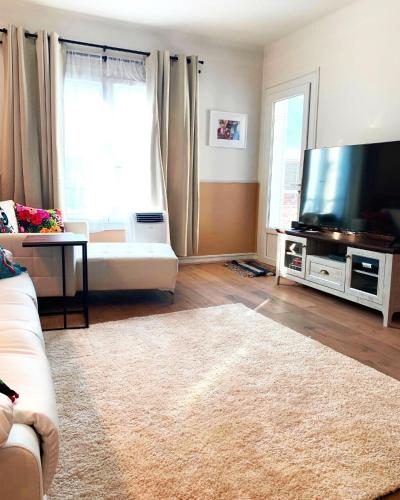 een woonkamer met een bank en een televisie bij Montpellier Gare District in Montpellier